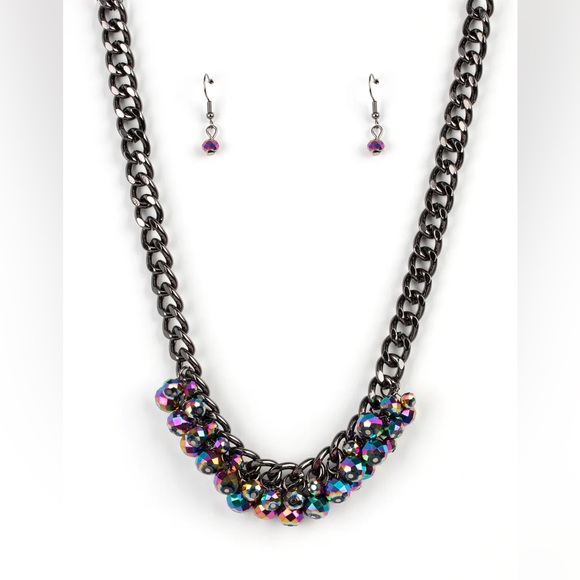 Chunky Gunmetal Chain oil spill Iridescent Necklace - Picture 1 of 3